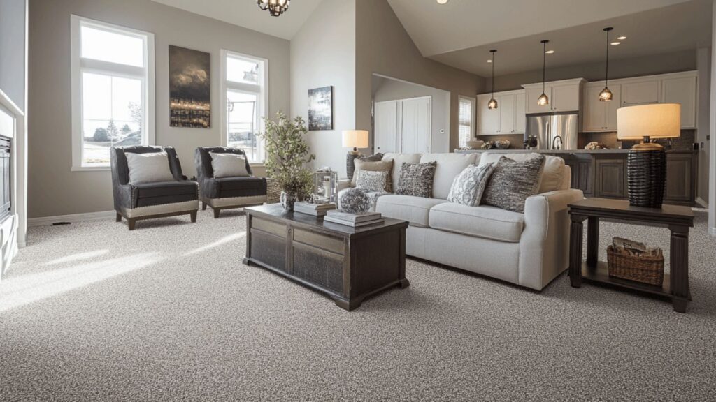 Tile vs carpet flooring comparison in a modern Florida home showing living room with tile and bedroom with carpet