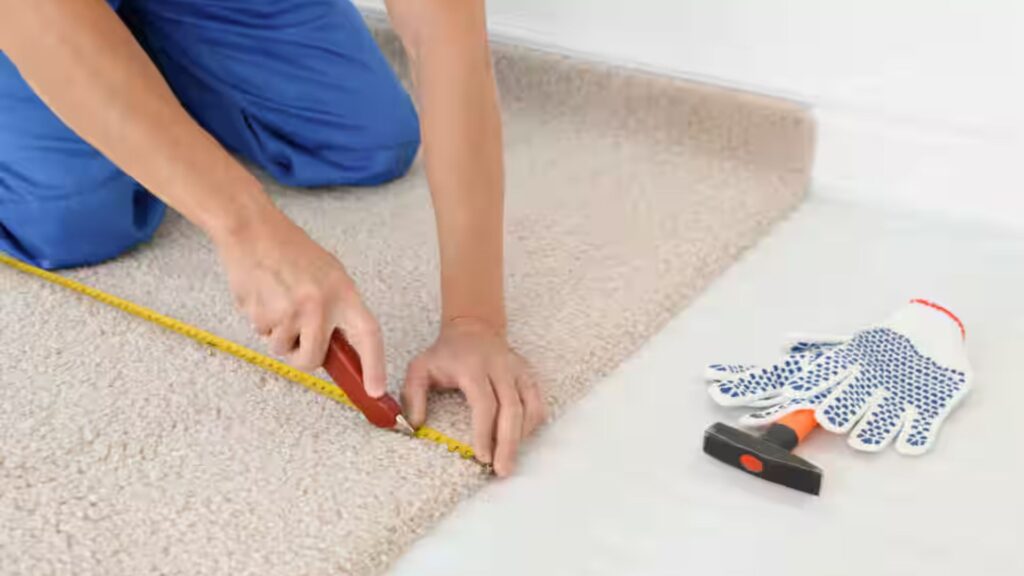 Homeowner consulting carpet repair expert for damage assessment