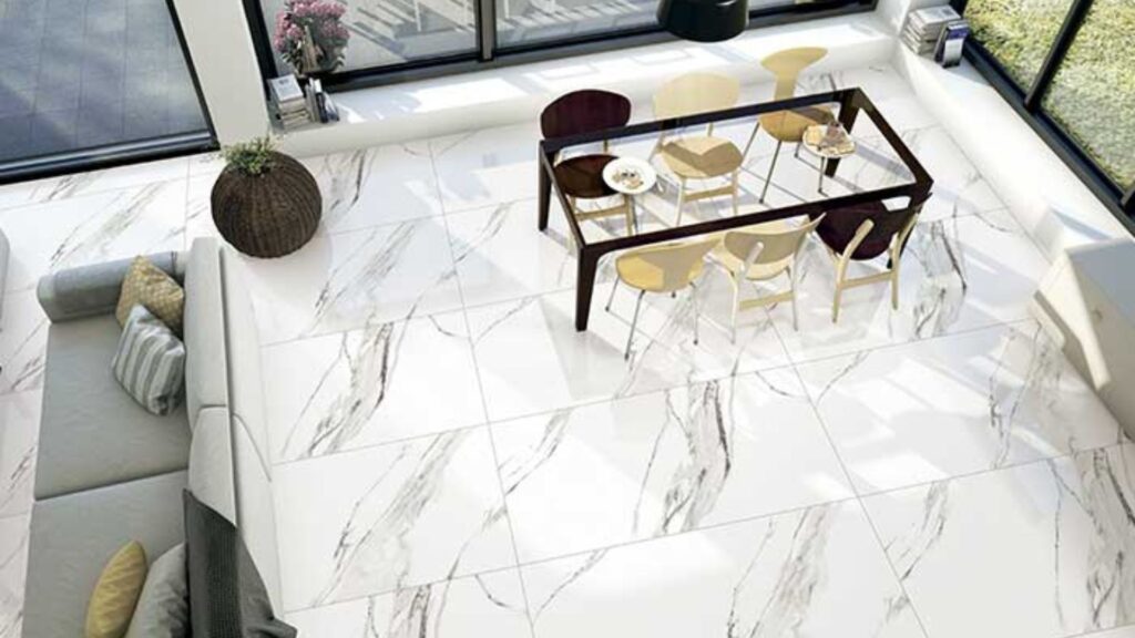 Modern home interior with tile flooring in kitchen and living room